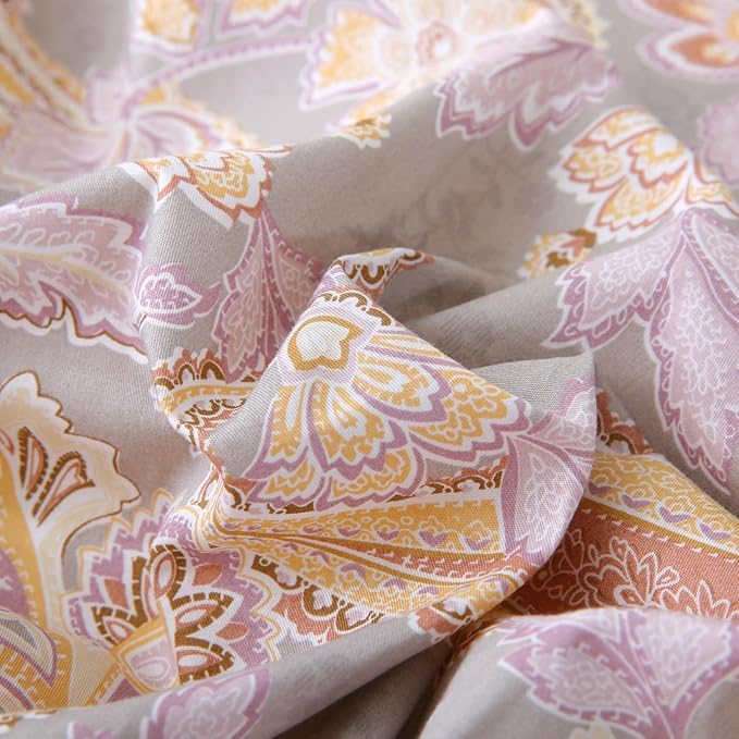 ABREEZE Paisley Bedding Sets 3Pcs Brushed Cotton Duvet Cover Set Queen Size Rustic Damask Gold Floral Comforter Cover with Zipper Closure Boho Bedding Collections-Ruum Studio Home