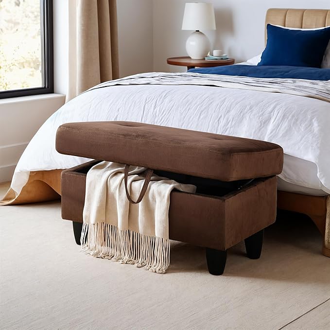 Ottoman Rectangular Storage Ottoman Bench, Flannel Footrest Stool Footstool with Lid for Living Room, Bedroom, Entryway, Chocolate, 28.5"x19"x17.5"-Ruum Studio Home