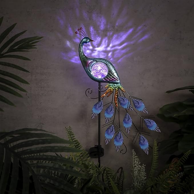 TERESA'S Collections Yard Decorations Outdoor for Garden Decor, Peacock Solar Outdoor Lights, 35.4'' Metal Lawn Ornaments for Outside with Crackle Glass Ball, Decorative Stake Gifts for Mom-Ruum Studio Home