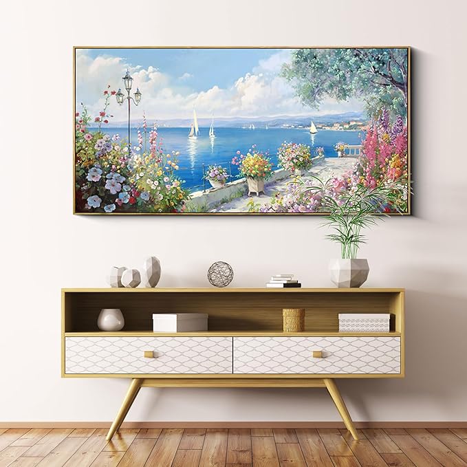 XLSJERST Large Coastal Wall Art - Ocean Seascape Canvas Yellow Green Flowers Painting Landscape Sailboat Picture Artwork Modern Large Framed for Living Room Bedroom Home Office Decor 58x29 Inches-Ruum Studio Home