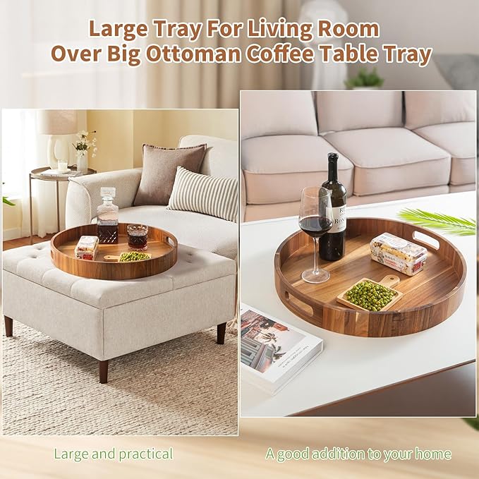 Large Ottoman Tray, 22" Big Ottoman Tray for Living Room, Large Serving Tray with Handles for Coffee Table Kitchen Counter,Great Round Wooden Trays with 4 Round Coasters for Appetizers, Dinner-Ruum Studio Home