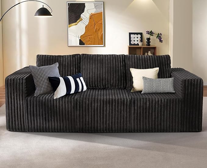 Modular Sectional Sofa 3-Seater Modular Couch with Deep Seat Memory Foam Cloud Chair with Pillows Oversized Sectional Sofa for Living Room Bedroom (Strip Grey, 3-Seater)-Ruum Studio Home
