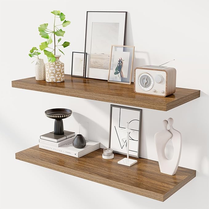 36" Floating Shelves for Wall, 12" Deep Slim Walnut Floating Shelves, Wall-Mounted Shelves for Bedroom, Living Room, Kitchen, Bathroom - Set of 2-Ruum Studio Home