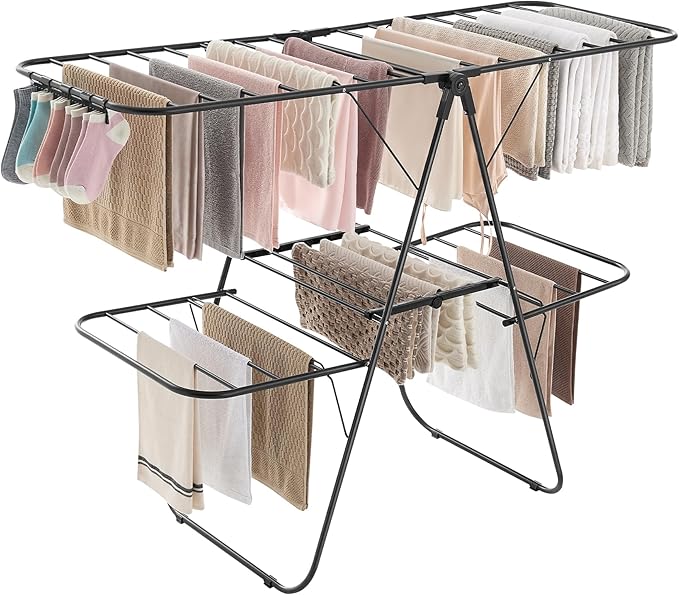 SONGMICS Clothes Drying Rack, Foldable 2-Level Laundry Drying Rack, Free-Standing Laundry Airer, with Height-Adjustable Wings, 33 Drying Rails, Sock Clips, Black ULLR053B01V1-Ruum Studio Home