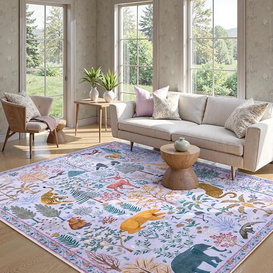 OJIA Animal Washable Area Rug 8x10, Boho Rugs for Living Room Playroom 8 x 10 Kids Bedroom Rugs, Non-Slip Ultra-Thin Indoor Large Floor Carpet for Dining Room Nursery Farmhouse-Ruum Studio Home
