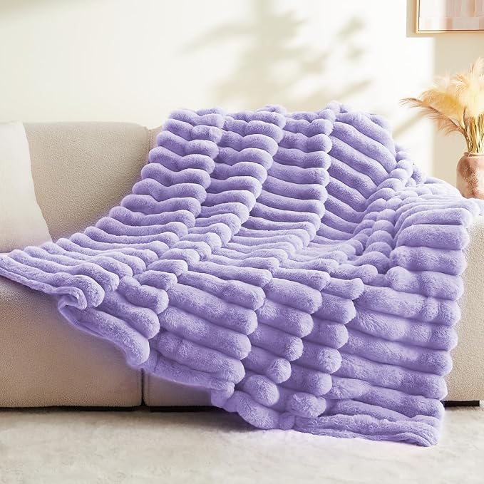BEDELITE Faux Fur Throw Blanket for Couch, Soft and Cozy Luxurious 3D Striped Fluffy Blanket, 770GSM Thick Warm Plush Fuzzy Faux Rabbit Fur Blanket for Women Gift (Lavender, 50"x 60")-Ruum Studio Home