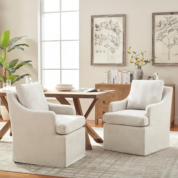 VKNOW Upholstered Dining Chairs, Modern Kitchen Chairs Dinner Chairs with 4 Casters, Linen Armchair for Bedroom Reading Room Living Room, Beige-Ruum Studio Home