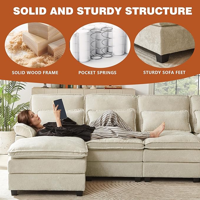 113" Oversized Cloud Couch, U Shape Sectional 4 Seat Sofa with Double Chaises, 2 Layer Cusions, Deep Seat Comfy Sofa, Upholstery Chenille Fabric for Living Room, Beige-Ruum Studio Home