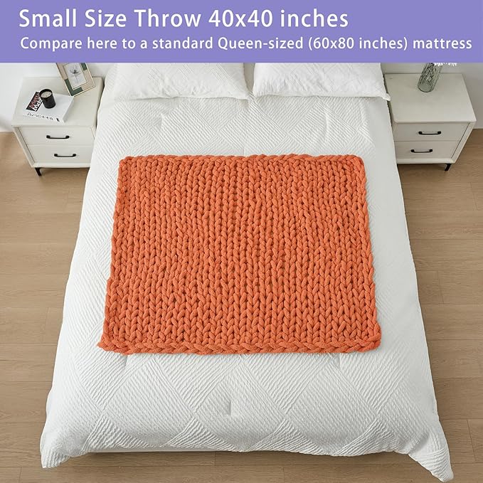Bigacogo Chunky Knit Throw Blanket for Couch, 40x40 inches, 100% Hand Knitted with Thick Jumbo Chenille Yarn, Cozy Soft Large Rope Knot Cable Crochet Blankets for Sofa Bed Living Room, Terracotta-Ruum Studio Home