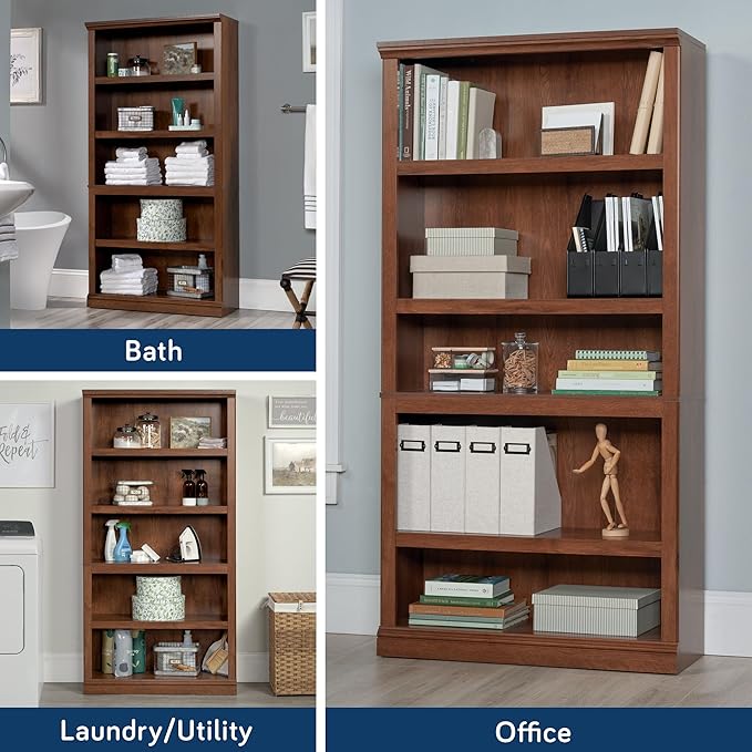 Sauder Miscellaneous Storage 5 Split Bookcase/Book Shelf, L: 35.28" x W: 13.23" x H: 69.76", Oiled Oak finish-Ruum Studio Home