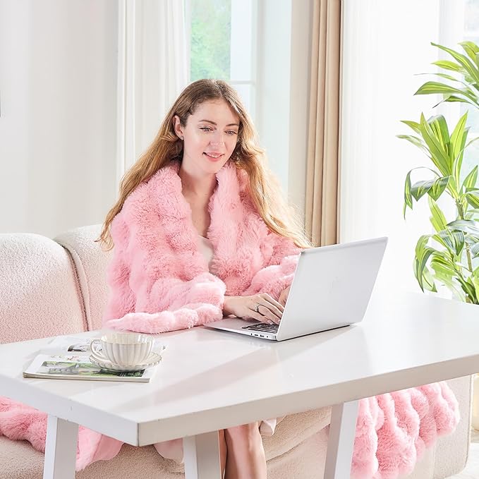Lotus Karen Faux Fur Throw Blanket Pink - Big Bubble Rabbit Fluff Blanket for Couch, Large Fluffy Fuzzy Cozy Blanket,Thick Furry Plush Shaggy Blankets,108x90 Inches-Ruum Studio Home