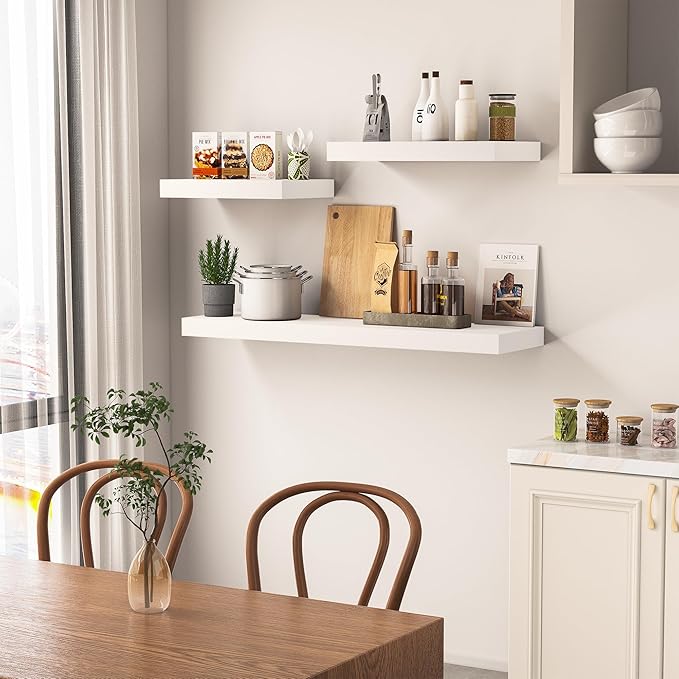 White Floating Wood Shelves for Wall 48 Inch, 8 in Deep Pine Shelf Floating Home Decor, Heavy Duty Shelf Hold 100 lbs, Wall Shelves for Bathroom Living Room Kitchen Bedroom Office Book, Set of 2-Ruum Studio Home