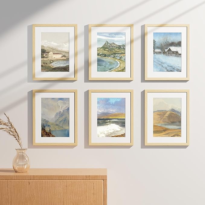 Vittanly 11x14 Picture Frames Set of 9, Shatter Resistant Plexiglass, Display 8x10 Pictures with Mat or 11x14 without Mat, Photo Frames for Wall or Tabletop, Engineered Wood, OAK-Ruum Studio Home