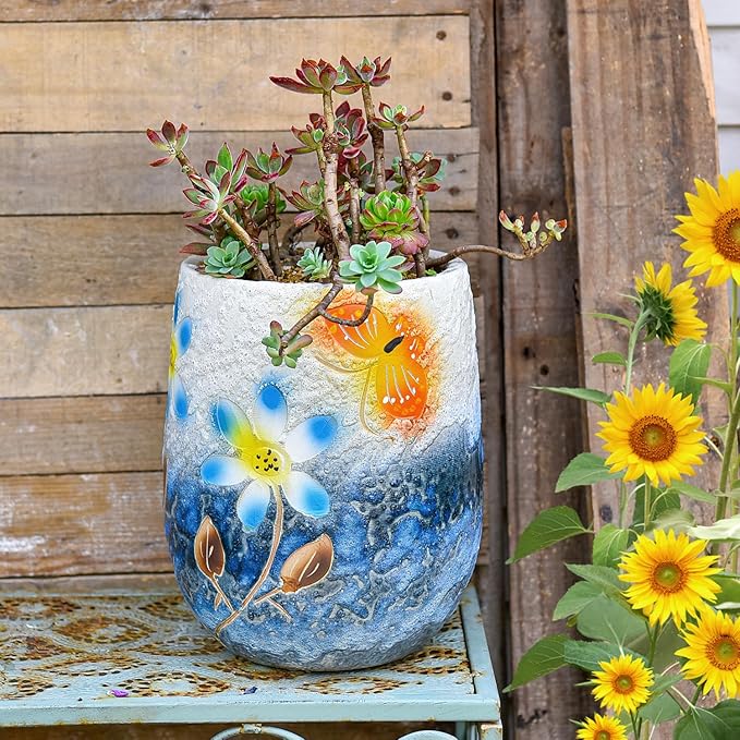 Sungmor 10.6 Inch Ceramic Succulent Plant Pot with Drainage Hole, Hand Painted Flower Pots for Plants, Unique Texture Decorative Planter for Indoor and Outdoor, Pottery Vase for Home Office Decor-Ruum Studio Home