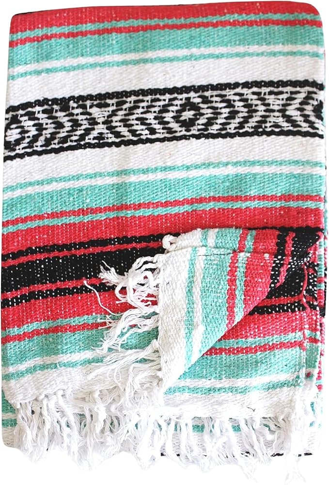Del Mex Classic Mexican Blanket, Large Authentic Woven Falsa Throw (70"x50"), Artisan Southwest Décor for Beach, Yoga, Outdoors (Pink/Mint)-Ruum Studio Home