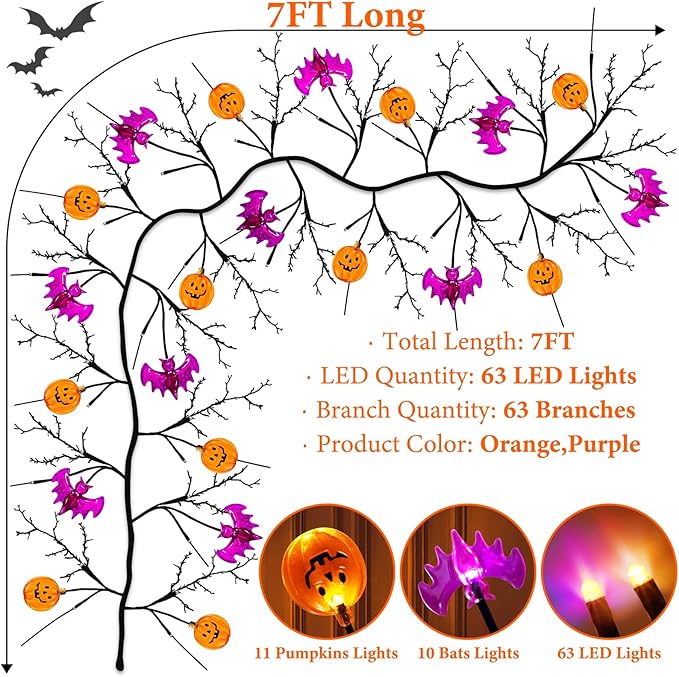 7 Ft 63 LED Halloween Willow Vine Twig Garland with 8 Modes Timer Orange Purple 21 Pumpkin Bats Lights,Halloween Garland with Waterproof Battery Operated for Indoor Wall Fireplace Decorations-Ruum Studio Home