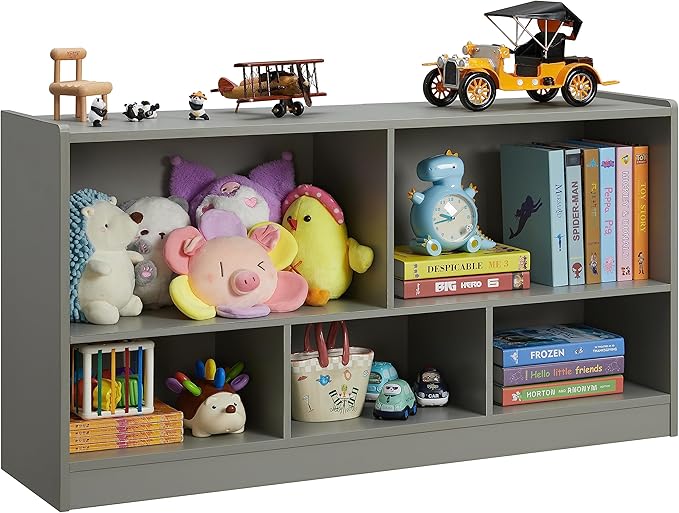 Toy Organizers and Storage, 5-Section Kids Bookshelf for Organizing Books Toys, School Classroom Wooden Storage Cabinet for Children's Room, Playroom, Nursery (Grey)-Ruum Studio Home