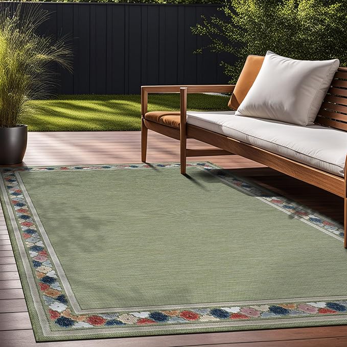 Beverly Rug Outdoor Rug 6x9 Modern Bordered Area Rugs for Indoor and Outdoor Patio Easy to Clean Non Shedding Living Room Porch Garden Washable Outside Carpet (6 x 9 Green)-Ruum Studio Home