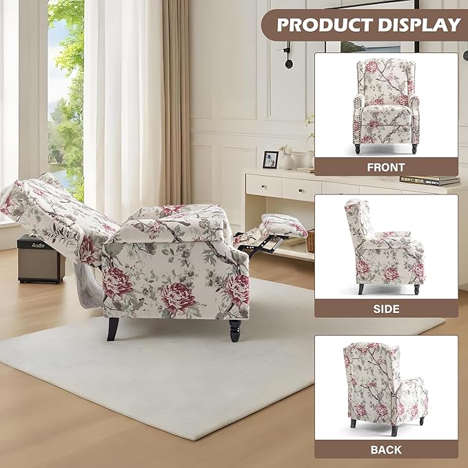 UIXE Pushback Recliner Chair, Fabric Upholstered Armchair Push Back Accent Chair for Living Room, Rivet Trim Home Theater Single Sofa Bedroom Reading Seat with Footrest - Beige Floral-Ruum Studio Home