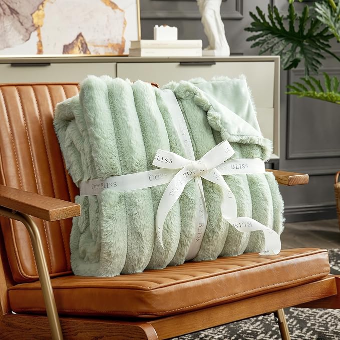 Cozy Bliss Faux Fur Throw Blanket for Couch, Cozy Warm Plush Striped Blanket for Sofa Bedroom Living Room, 50 * 60 Inches Sage Green-Ruum Studio Home