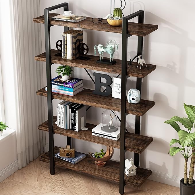 5-Tier Industrial Style Solid Wood Bookcase and Book Shelves,Rustic Wood and Metal Shelving Unit， Living Room,Modern Rustic Open Industrial Book Shelf Office,Distressed Brown (AY-02-5Tier)-Ruum Studio Home