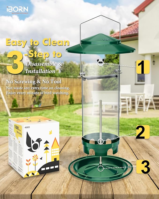 iBorn Metal Bird Feeders for Outdoors Hanging,Wild Bird Feeders for Cardinal,18cm Large Roof&Tray New Green 6 Port (Seed is not Included)-Ruum Studio Home