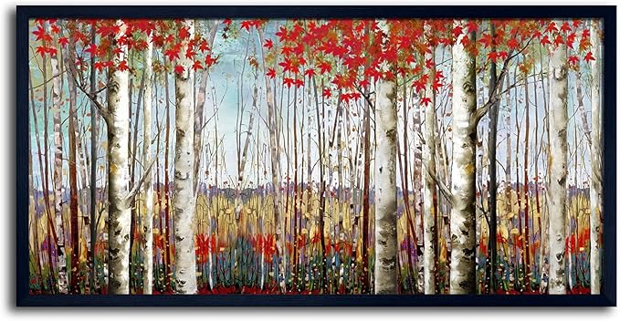 Large Framed Wall Art for Living Room Bedroom Modern Wall Decor of Red Leaves White Birch Tree Forest Giclee Painting Artwork Wall Decoration 29x58 Large Size Black Framed-Ruum Studio Home