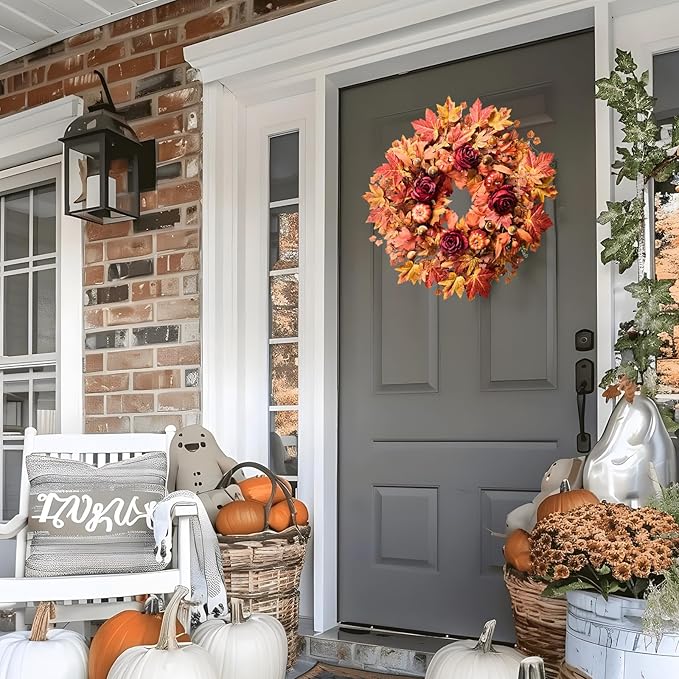 26'' Large Fall Wreath for Front Door, Autumn Wreaths for Outdoor Home Decor - Farmhouse Wreath with Maple Leaves, Pumpkins, Roses, Thanksgiving Decoration, Rustic Harvest Festival Door Hanging-Ruum Studio Home