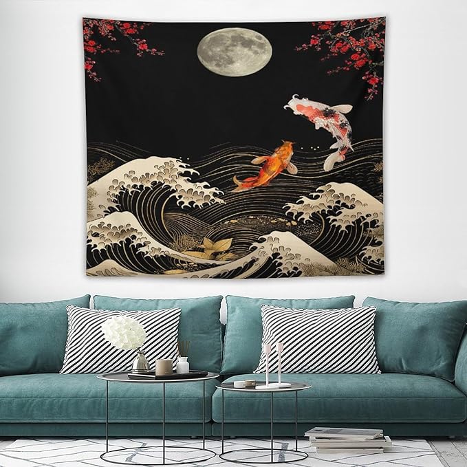Houselerax Koi Fish Tapestry, Japanese Style Yin Yang Big Wave Cherry Blossom Tapestries Wall Hanging for Bedroom Living Room Office Decor 60"x50"-Ruum Studio Home