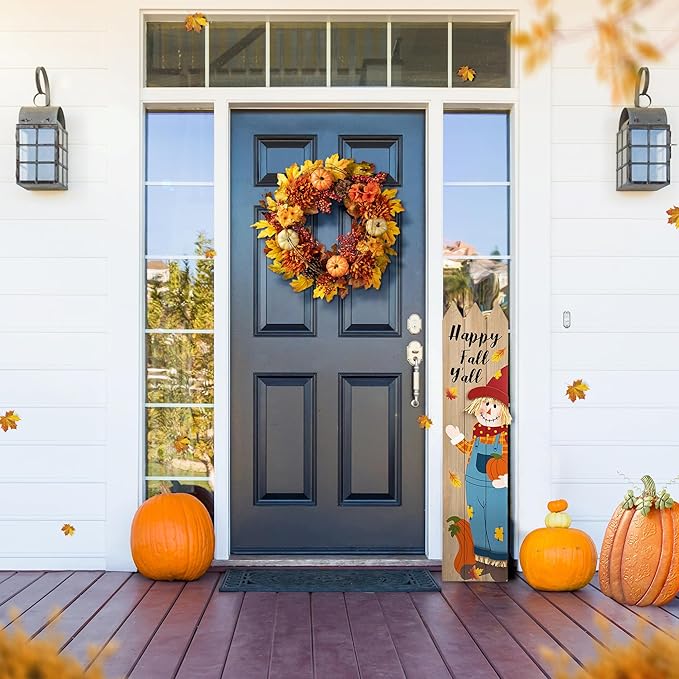 Glitzhome 24 inch Artificial Fall Wreath Decor, Autumn Maple Leaf Wreath for Front Door with Dahlia Pumpkin, Leaf and Berry Wreaths for Autumn Harvest Thanksgiving Halloween Decor-Ruum Studio Home