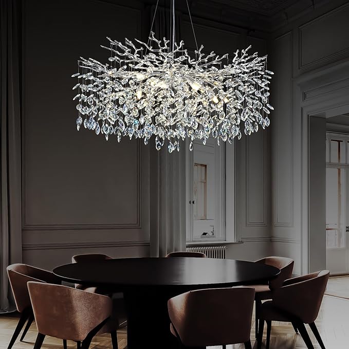 Modern Crystal Chandeliers for Dining Room, 40" Round Silver Tree Branches Chandeliers, Large Dining Room Over Table Chandeliers Lights Fixture, Branches and Crystals Ceiling Light Fixtures-Ruum Studio Home