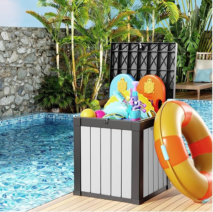 40 Gallon Resin Deck Box, Lockable Patio Outdoor Storage Box for Furniture, Garden Tools and Tools Storage, Waterproof Outside Storage Boxes - Black&White-Ruum Studio Home
