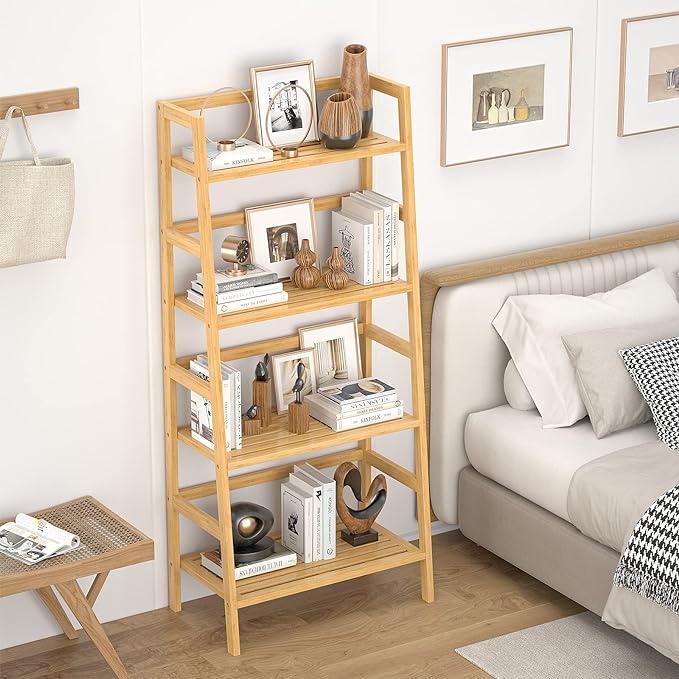Homykic Bamboo Bookshelf 4-Tier Ladder Shelf, 49.2” Freestanding Open Bookcase Book Shelf Bathroom Storage Shelf Unit Plant Stand for Small Space, Bedroom, Living Room, Home Office, Natural-Ruum Studio Home