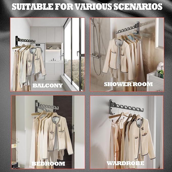 Wall Mount Coat Hanger Holder Black Clothes Drying Organizer Rack Garment Hooks Aluminium Retractable Folding Indoor Wall Mounted Hanger Space Saver for Laundry Room Bedroom Black 2 Pack with 8 Hooks-Ruum Studio Home