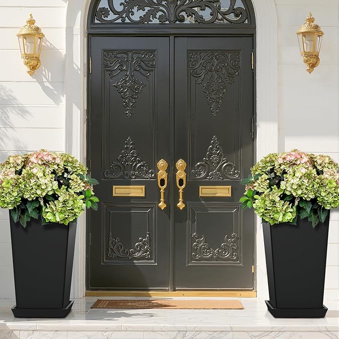 FENCY Set of 2 Tall Planters for Outdoor Plants, 24 Inch Large Tapered Pots with Drainage Trays, Weather-Resistant Plastic Plant Containers for Patio, Porch, Garden, Front Door Decor,Black-Ruum Studio Home