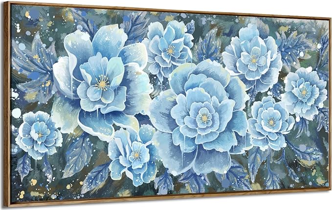 Large Blue Wall Art Decor Modern Framed Wall Picture for Living Room Bedroom Office Decor Floral Canvas Art Prints Botanical Wall Picture Abstract Peony Flower Horizontal Artwork Ready to Hang 48x24-Ruum Studio Home