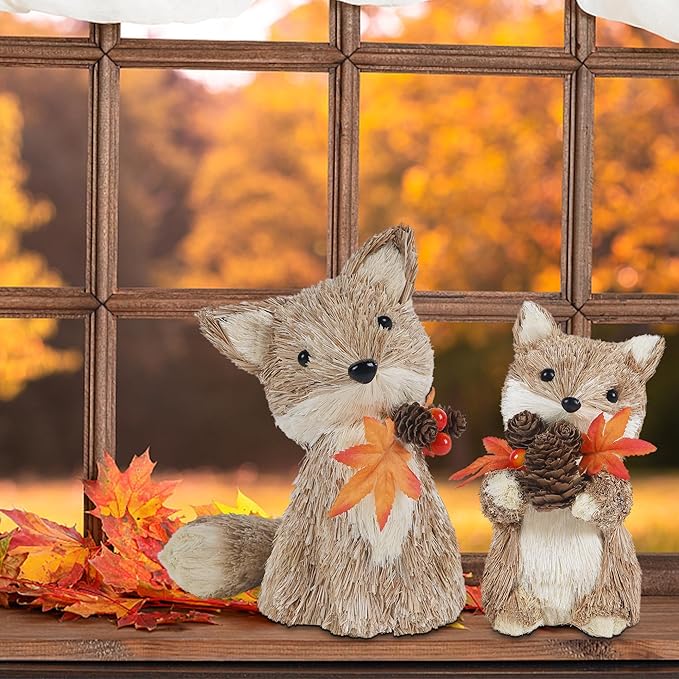 winemana Fall Decor Thanksgiving Decoration Sisal Fox, Set of 2 Table Centerpiece Foxes Animals Figurines, Handmade Ornaments Autumn Fall Decorations for Home Mantel Fireplace-Ruum Studio Home