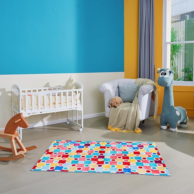 Machine Washable Polka Dot Rug for Kids Area - Multicolor Soft Rug for Nursery/Playroom/Classroom - 5x8-Ruum Studio Home