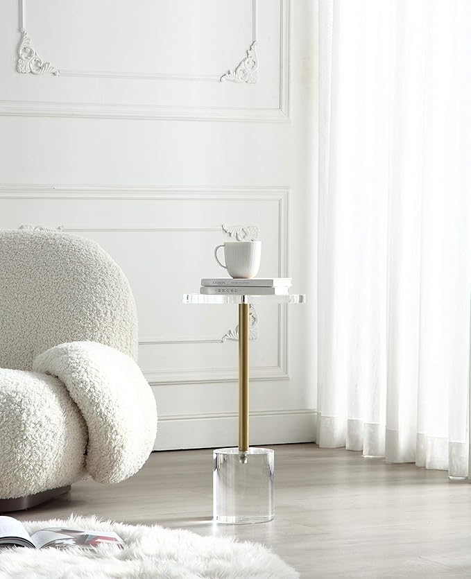 Clear Acrylic End Table,Side Table,Brushed Brass Metal,Round,for Office, Living Room and Bedroom,Easy Assembly,12x12 inch，21.3 inch high-Ruum Studio Home