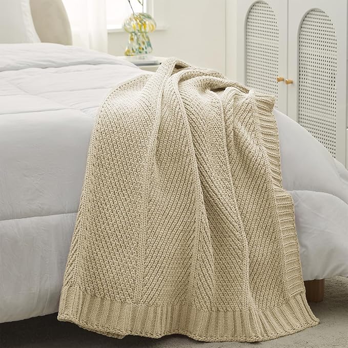 Amélie Home Chenille Knit Throw Blanket for Couch, Chevron Texture Decorative Soft Blanket for Sofa, Bed & Chair, 50"x60", Beige-Ruum Studio Home