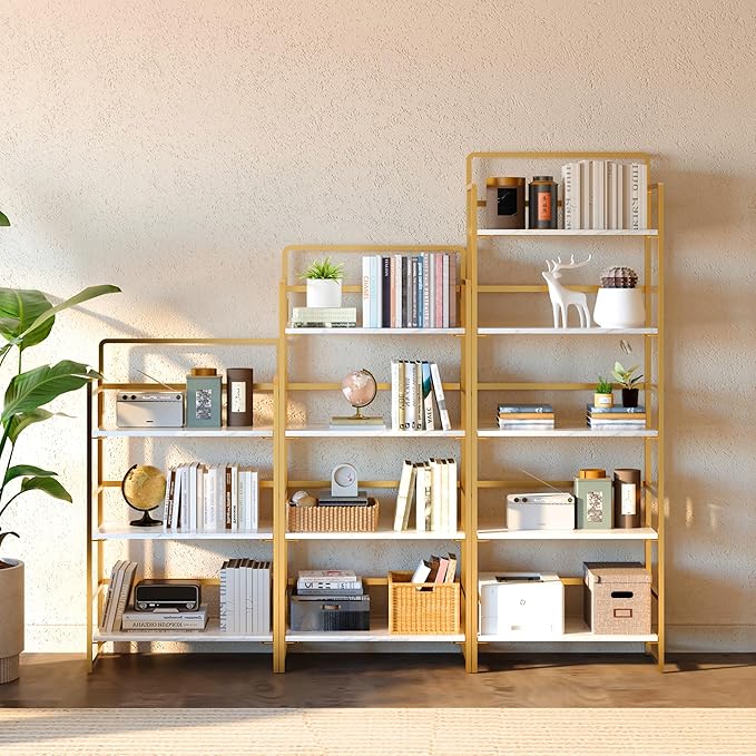 4NM No Assembly Foldable Bookshelf, 4-Shelf Collapsible Bookcase Storage for Small Spaces, 54" H, White and Golden-Ruum Studio Home