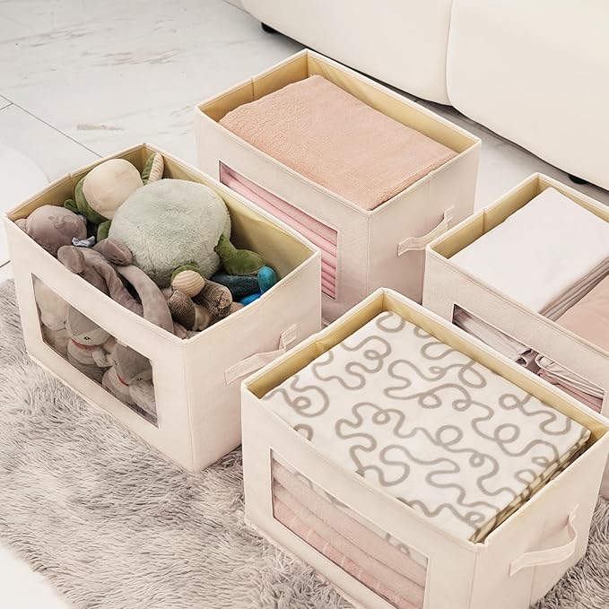 Citylife 3 Pack Storage Bins with Lids, Fabric Foldable Storage Bins with Soft Cord Handles, Canvas Storage Bin with Lid for Organizing Clothes, Blankets and Books, Beige-Ruum Studio Home