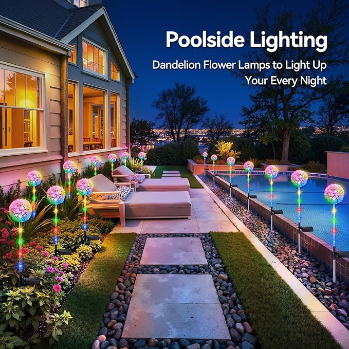 Solar Garden Lights Outdoor Decorations: 4 Pack Dandelion Flower Lights, 2 Modes Colorful 16 LED Landscape Light, Waterproof Artificial Flowers for Yard, Patio, Pathway Decor, Gifts for Women Mom-Ruum Studio Home