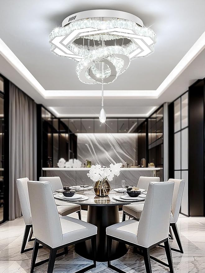 Flashing God Modern Crystal Chandeliers Dia 24" Silver Chandelier Flush Mount Ceiling Light for Bedroom Living Room Dining Room Hallway Dimmable 3 Rings LED Celing Lighting Fixtures-Ruum Studio Home