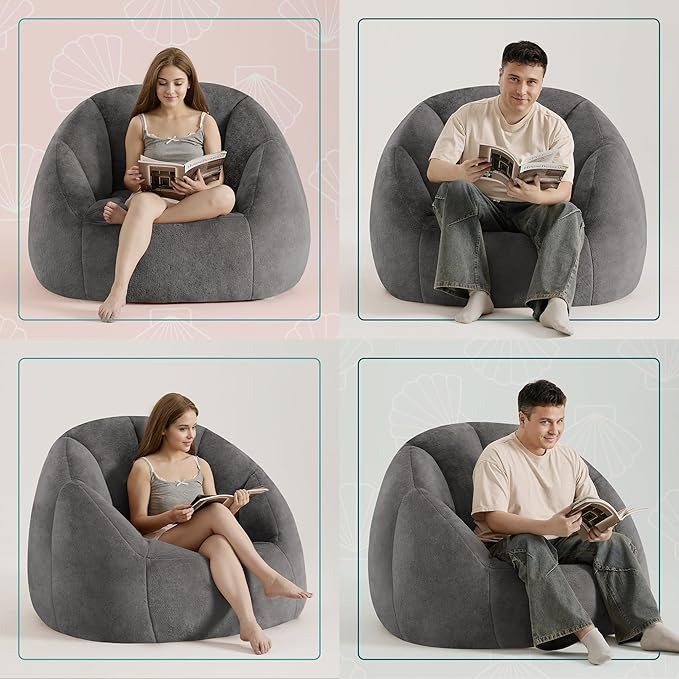 Giant Bean Bag Swivel Chair for Adults - Comfy Plush Round Shell Soft Accent Beanbag Chair, Oversized Cozy Floor Sofa Reading Chair for Living Room, Bedroom & Game Rooms, Gray-Ruum Studio Home