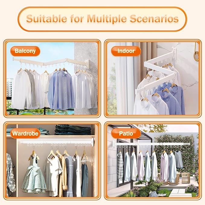 Clothes Drying Rack Wall Mounted,Drying Rack Clothing,Clothes Hanging Rack,Retractable,Collapsible(Tri-Fold), White Color(Ring)-Ruum Studio Home
