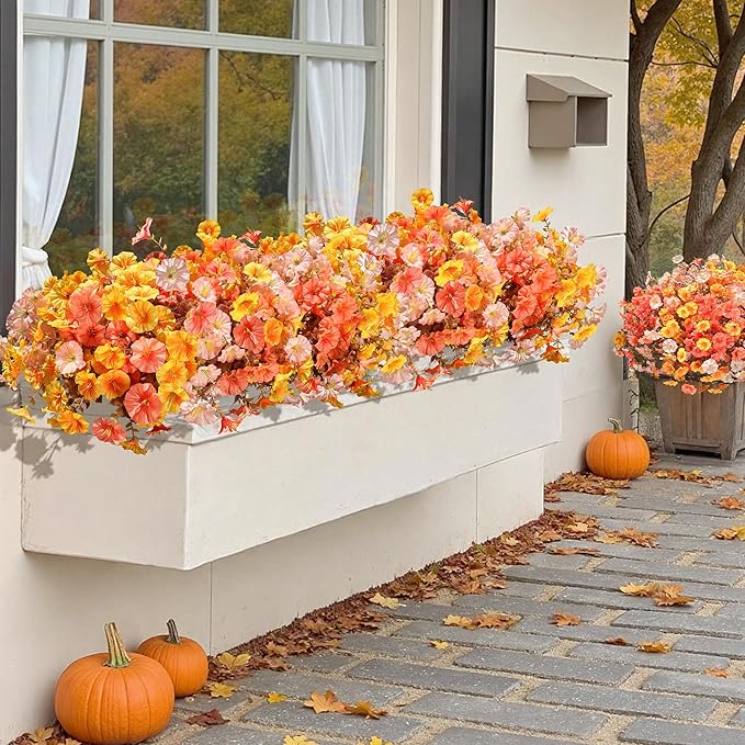 Artificial Mums for Outdoors Fake Fall Flowers Plants for Autumn Decoration, 12 Bundles Silk Morning Glory with Eucalyptus Look Real UV Resistant Faux Mums for Outside Planters Yard Patio Porch, Mix-Ruum Studio Home