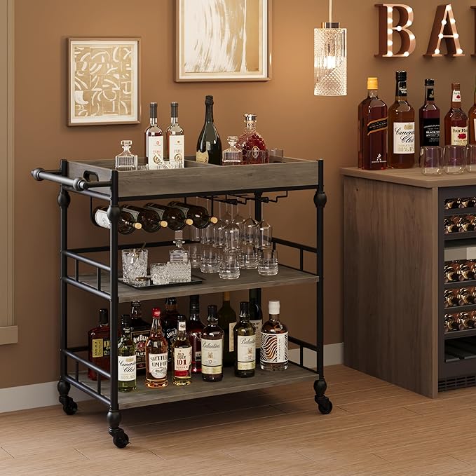 GarveeHome Bar Cart, Bar Carts for The Home, 3 Tier Serving Cart with Wheels, Home Bar & Serving Carts, Metal Rolling Cart with Wine Rack & Removable Tray for Kitchen, Dining Room, Living Room-Grey-Ruum Studio Home