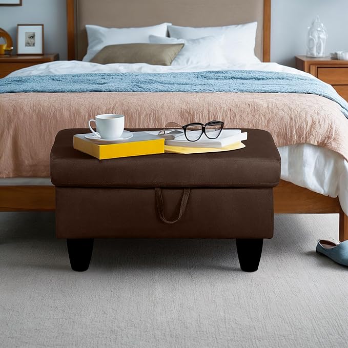Ottoman Rectangular Storage Ottoman Bench, Flannel Footrest Stool Footstool with Lid for Living Room, Bedroom, Entryway, Chocolate, 28.5"x19"x17.5"-Ruum Studio Home