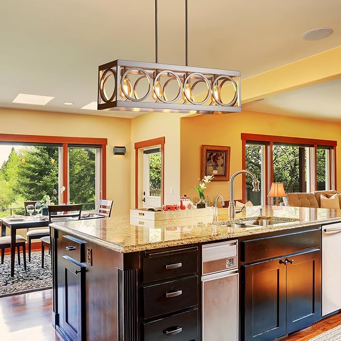 XINGQI Linear Chandelier Brushed Nickel Kitchen Island Light Fixtures 31.5" Rectangle Dining Room Chandeliers, Farmhouse Hanging Large 4-Light Rustic Metal Living Room Office Pendant Lighting-Ruum Studio Home